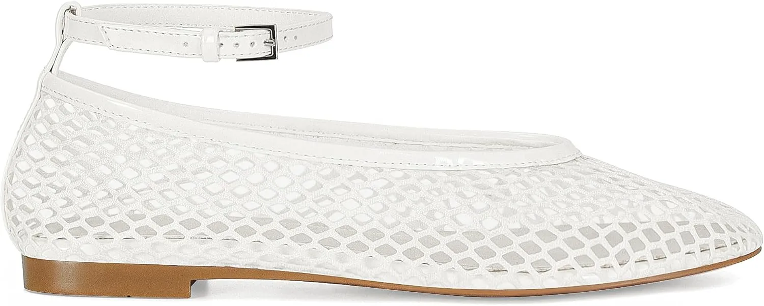 Mesh Ballet Flats for Women Round Toe Buckle Strap Fishnet Mary Jane Flats Comfy Casual Office Womens Summer Flats Shoes
