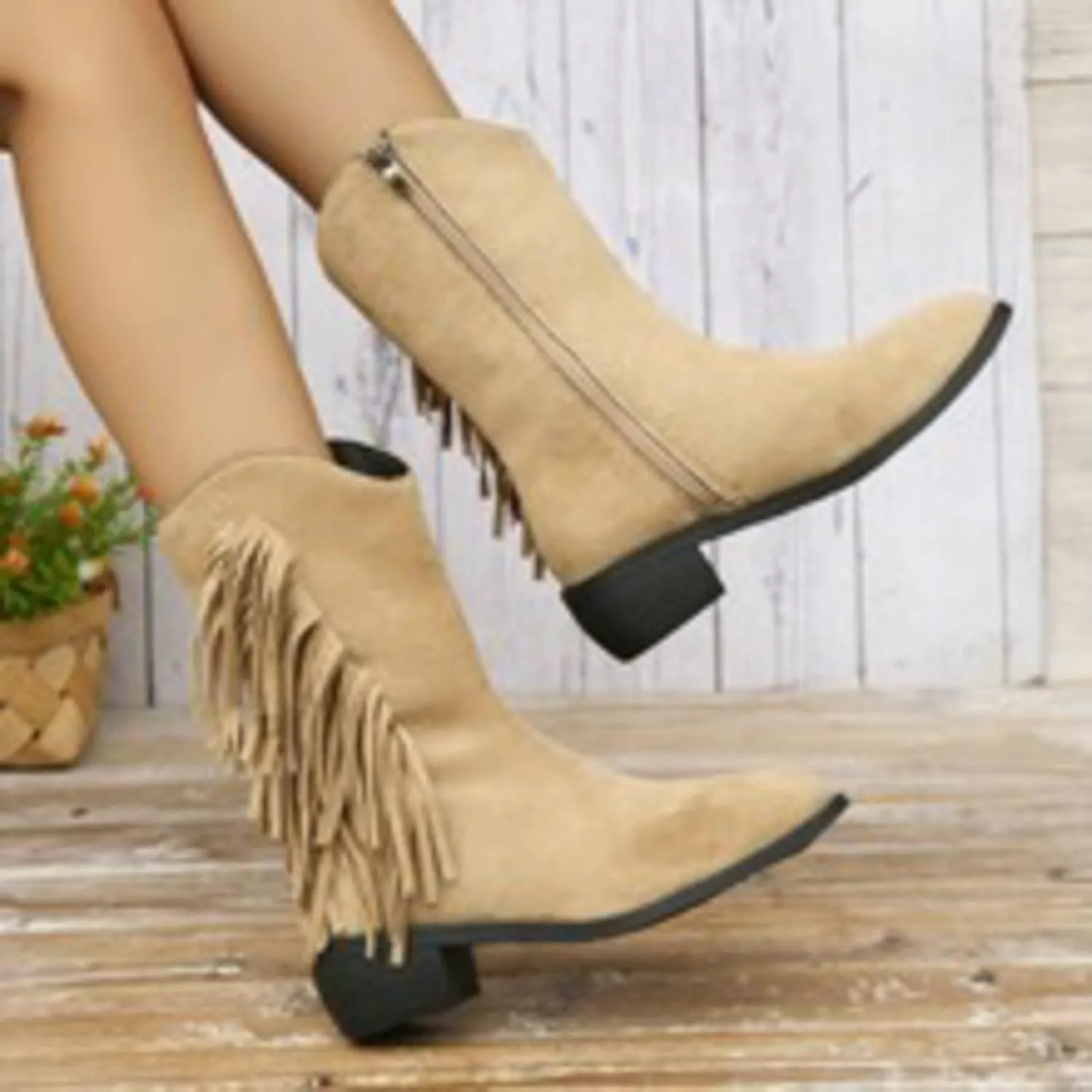 Mid Calf Boots for Women Ankle Boots for Women Fashion Women's Tassel Pointed Toe Side Zipper Chunky Heel Ankle Boots