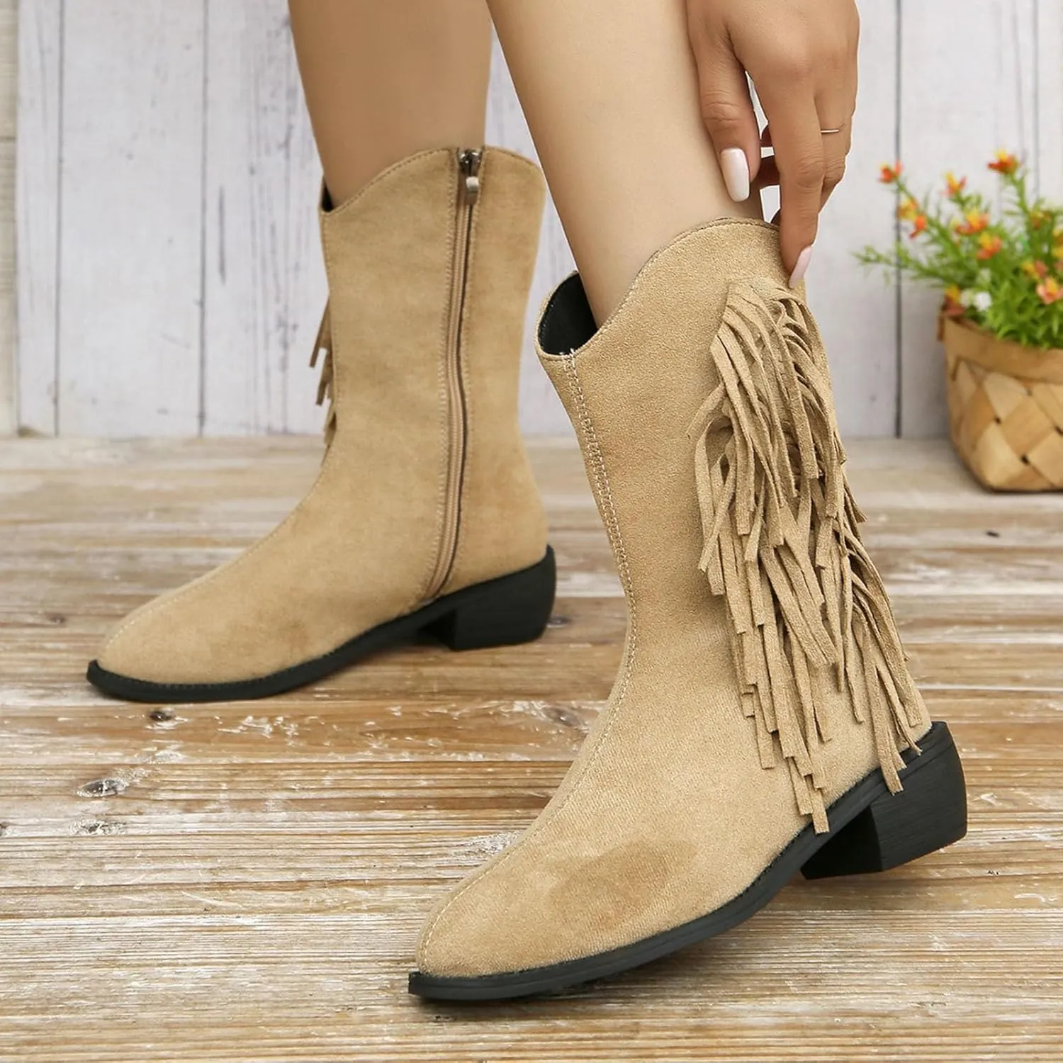 Mid Calf Boots for Women Ankle Boots for Women Fashion Women's Tassel Pointed Toe Side Zipper Chunky Heel Ankle Boots
