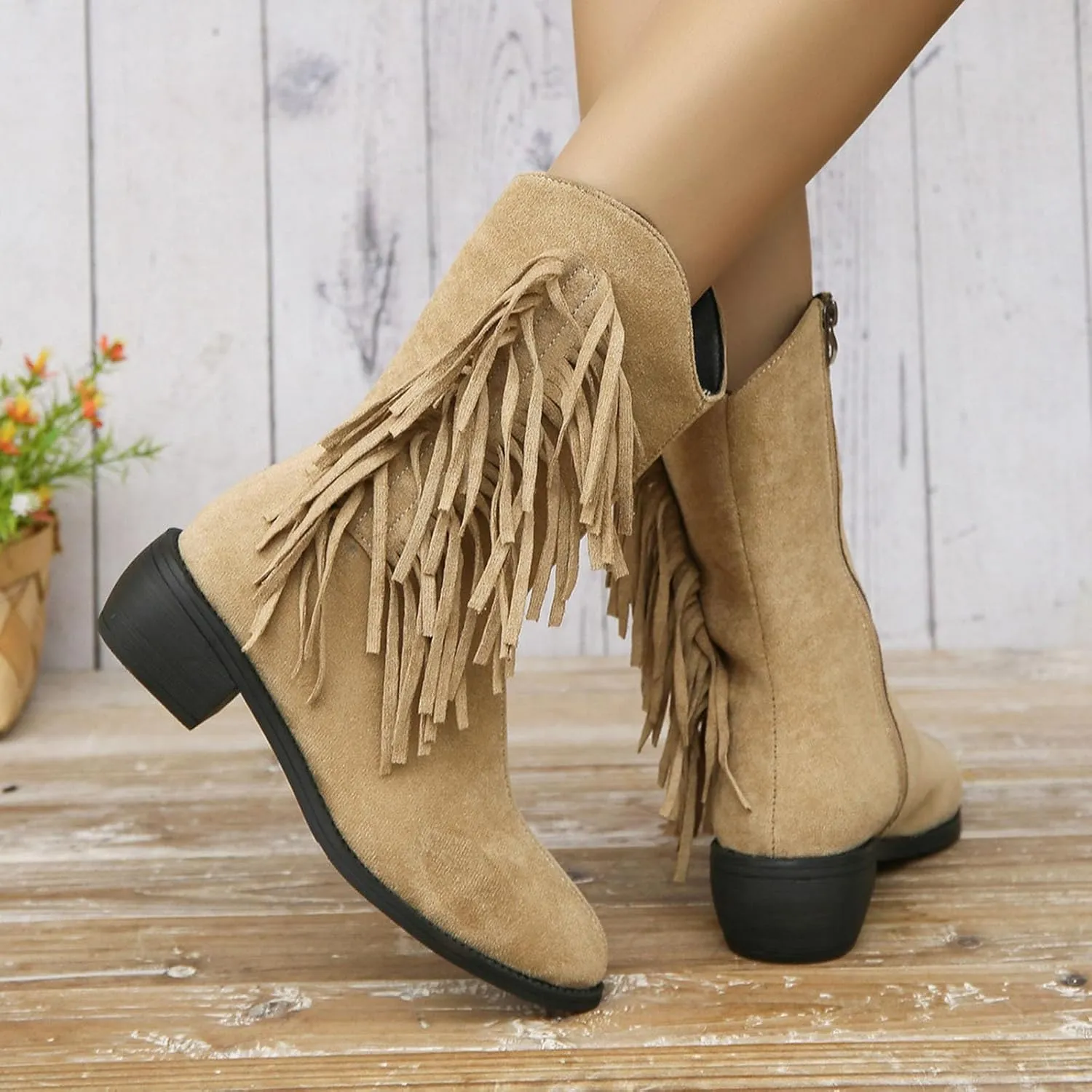 Mid Calf Boots for Women Ankle Boots for Women Fashion Women's Tassel Pointed Toe Side Zipper Chunky Heel Ankle Boots