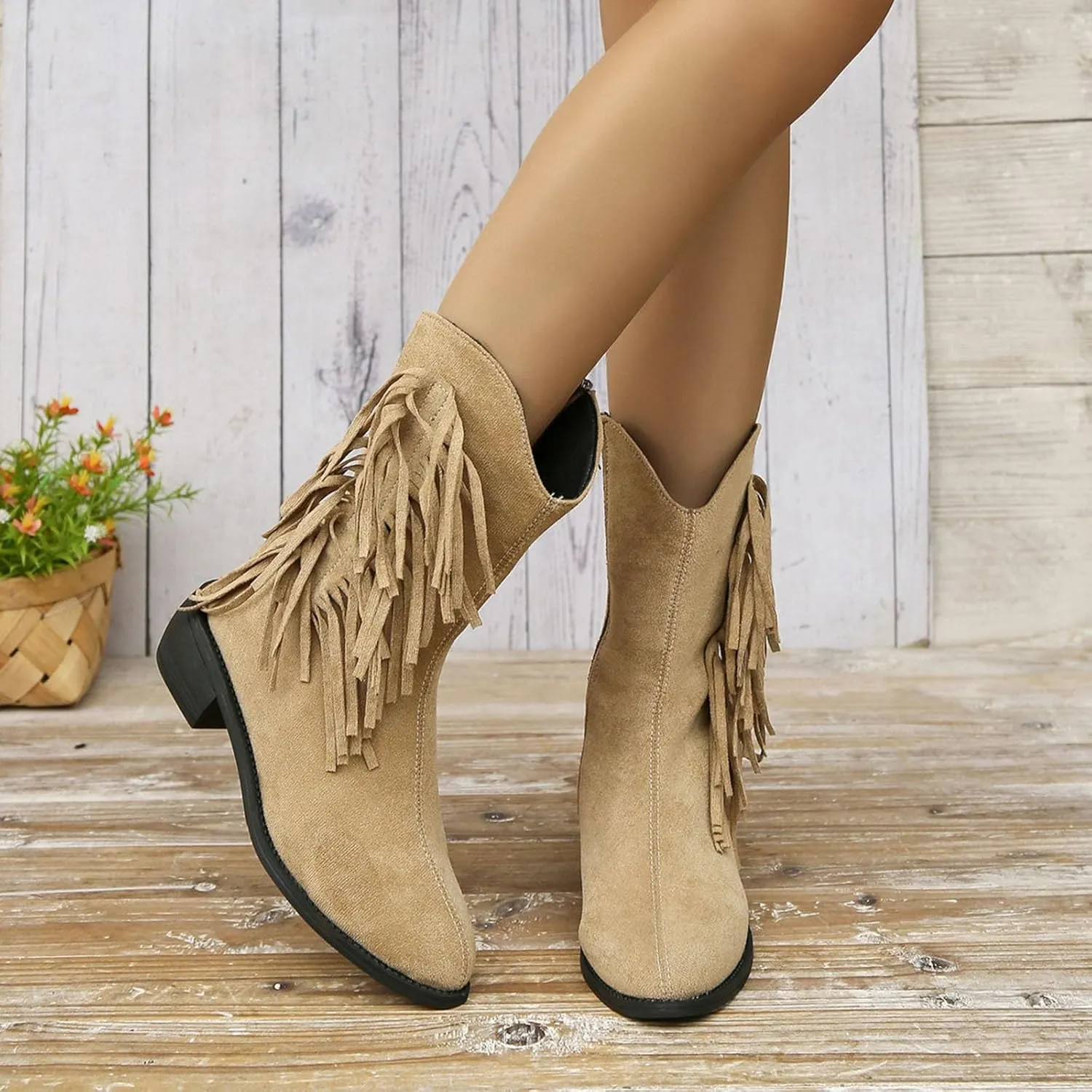 Mid Calf Boots for Women Ankle Boots for Women Fashion Women's Tassel Pointed Toe Side Zipper Chunky Heel Ankle Boots
