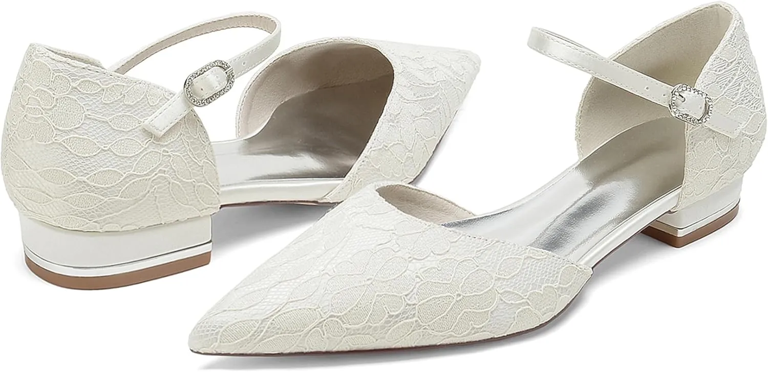 Minishion Dressy Flats for Women for Wedding Lace Pointed Toe Evening Formal Party Pumps Shoes BR274