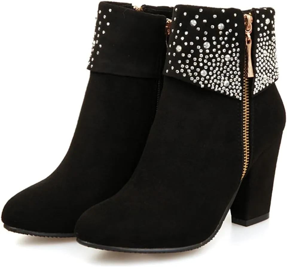 MIOKE Women's Chunky Block High Heel Ankle Boots Rhinestone Round Toe Suede Zipper Bootie Dress Short Boots