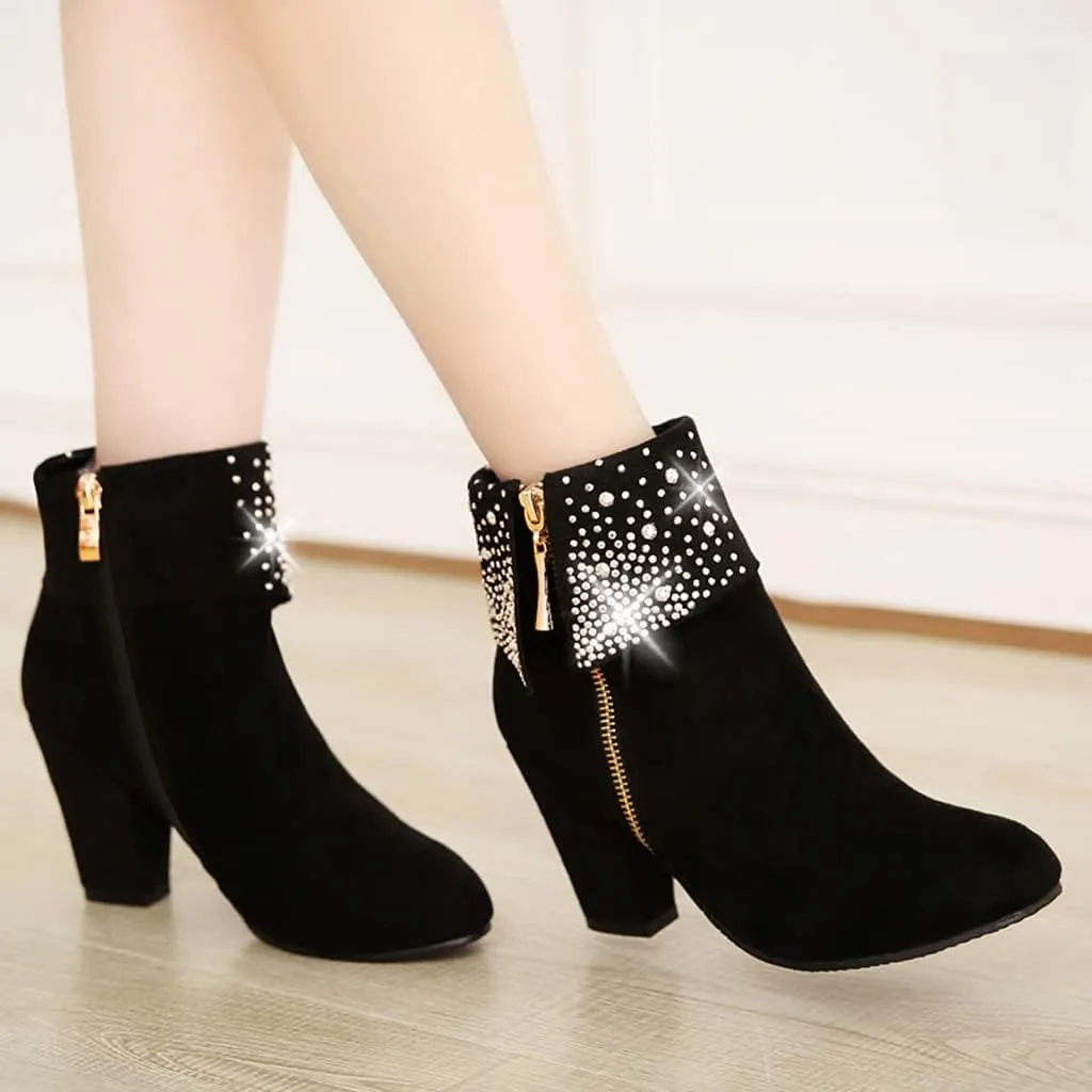 MIOKE Women's Chunky Block High Heel Ankle Boots Rhinestone Round Toe Suede Zipper Bootie Dress Short Boots