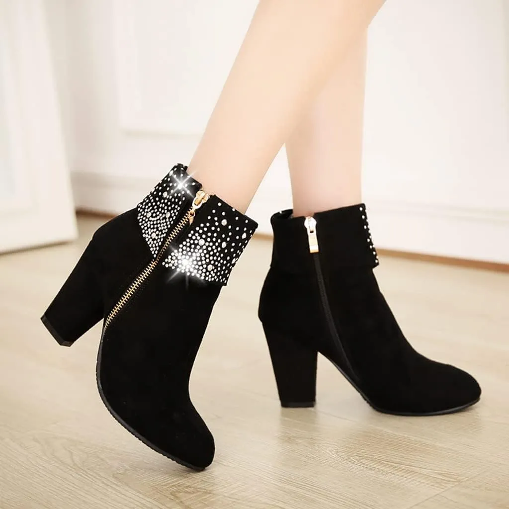 MIOKE Women's Chunky Block High Heel Ankle Boots Rhinestone Round Toe Suede Zipper Bootie Dress Short Boots