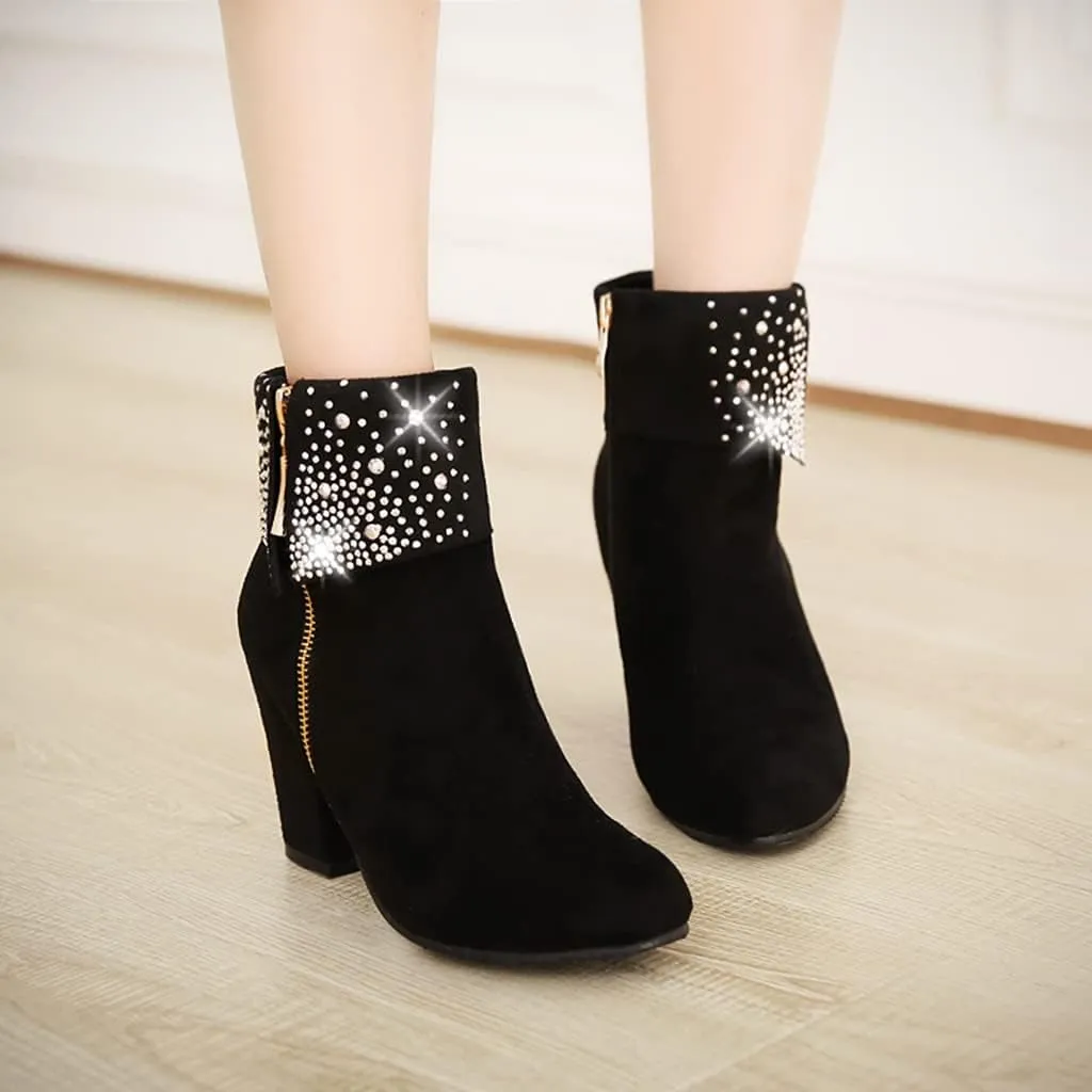 MIOKE Women's Chunky Block High Heel Ankle Boots Rhinestone Round Toe Suede Zipper Bootie Dress Short Boots