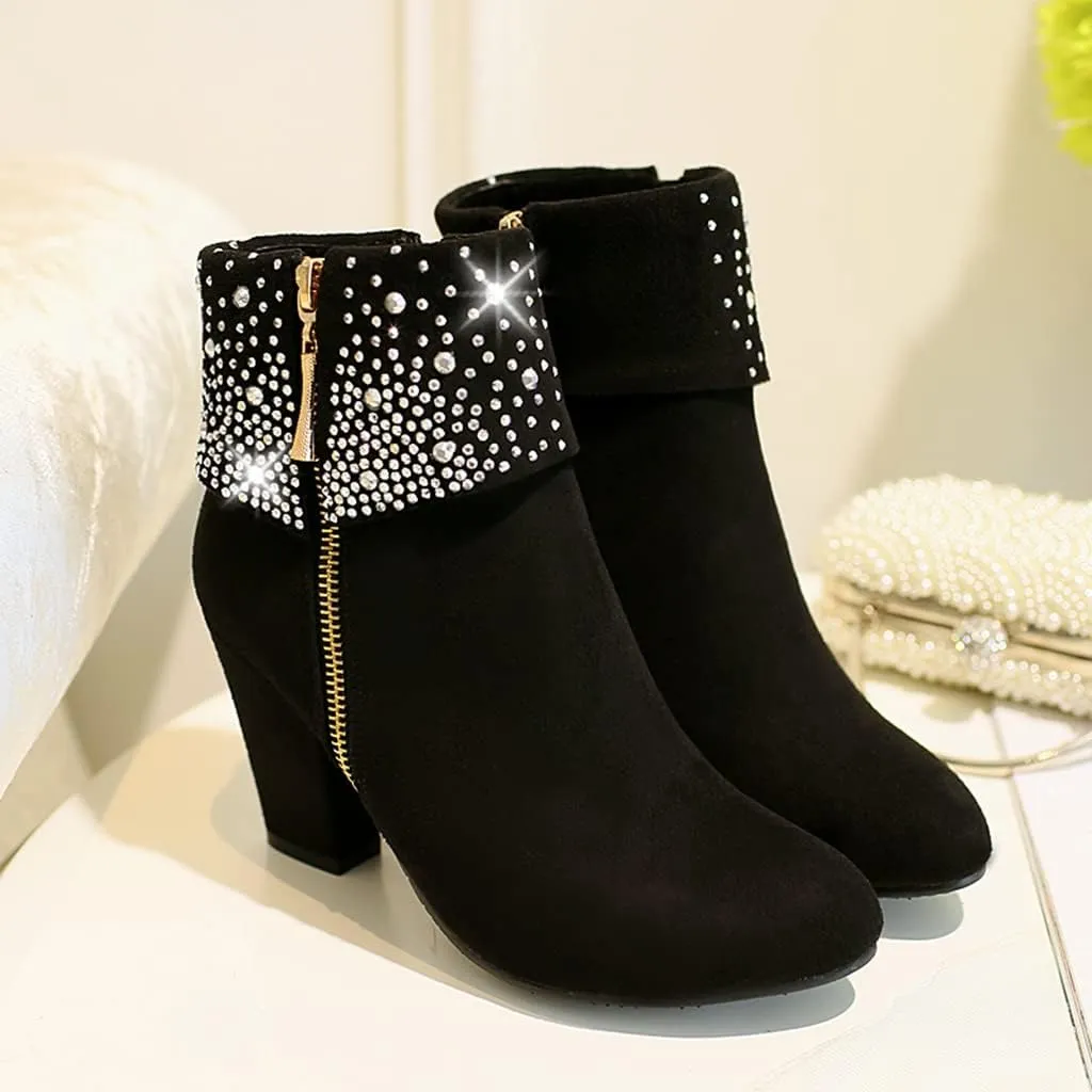 MIOKE Women's Chunky Block High Heel Ankle Boots Rhinestone Round Toe Suede Zipper Bootie Dress Short Boots