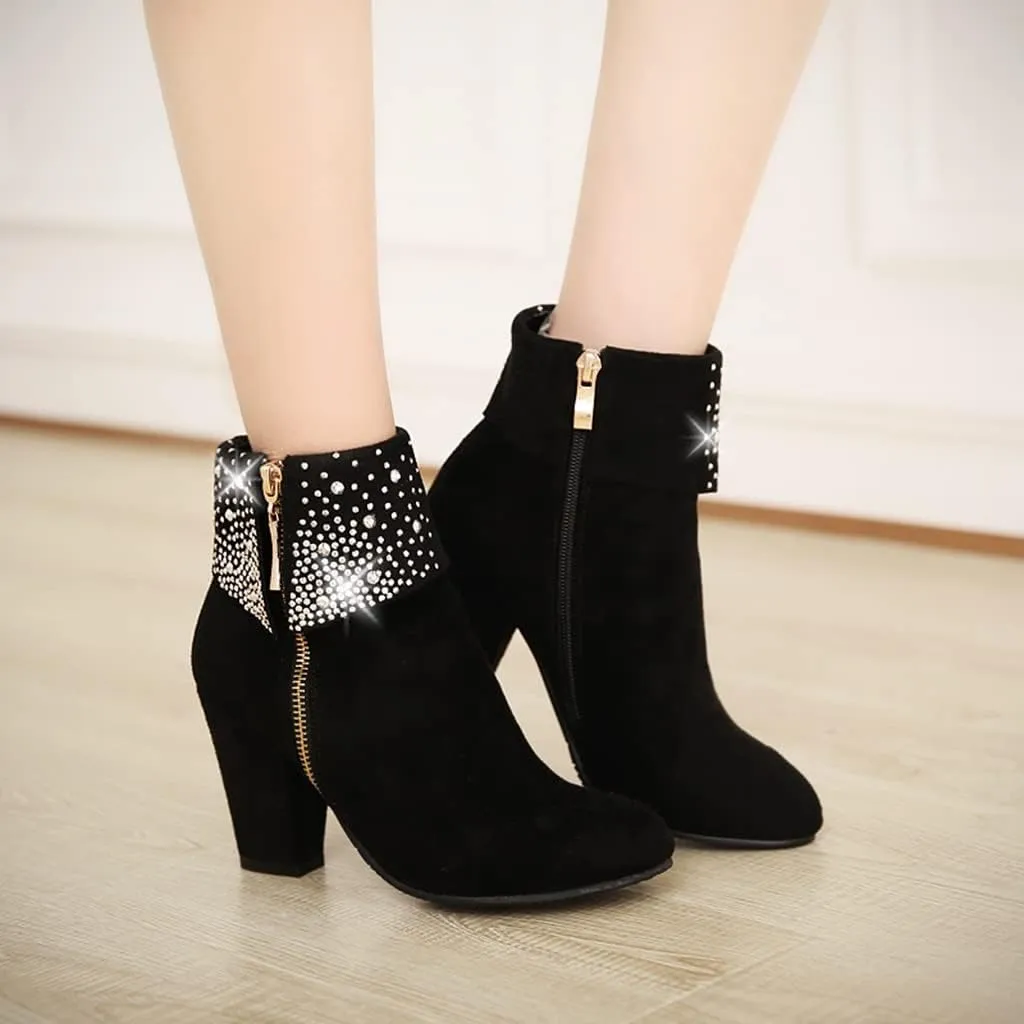 MIOKE Women's Chunky Block High Heel Ankle Boots Rhinestone Round Toe Suede Zipper Bootie Dress Short Boots