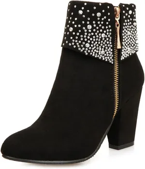 MIOKE Women's Chunky Block High Heel Ankle Boots Rhinestone Round Toe Suede Zipper Bootie Dress Short Boots