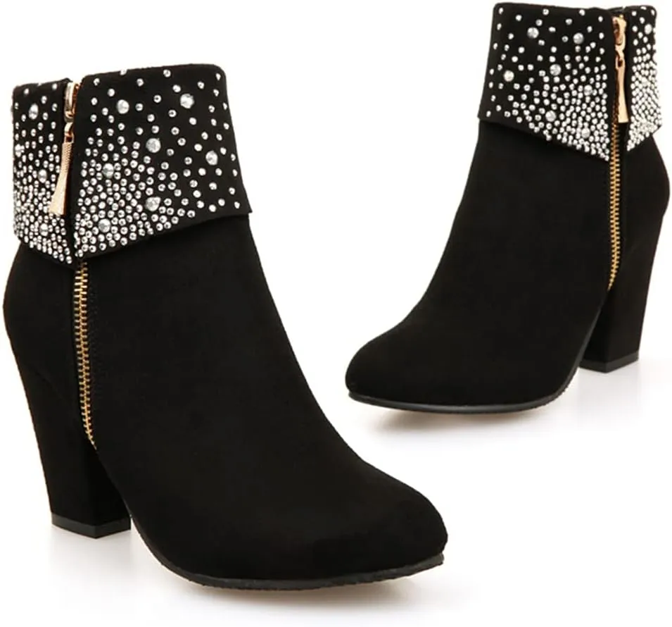 MIOKE Women's Chunky Block High Heel Ankle Boots Rhinestone Round Toe Suede Zipper Bootie Dress Short Boots