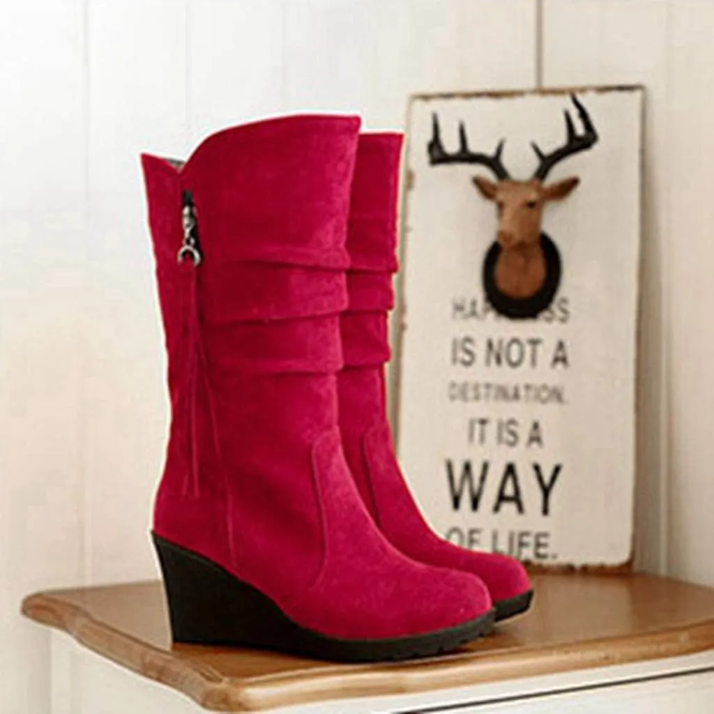 MIOKE Women's Wedge Slouch Mid Calf Boots Suede Round Toe Wide Width Platform High Heel Tassel Dress Boots