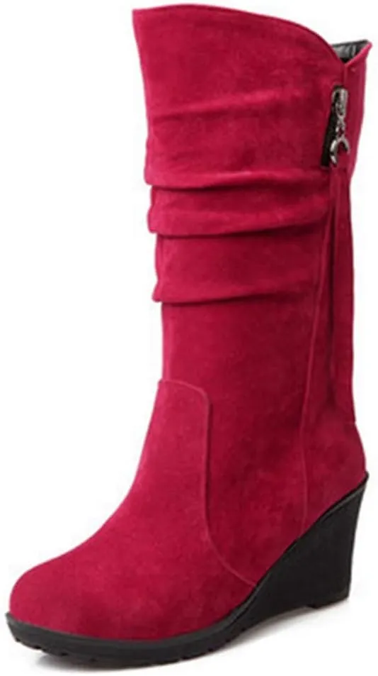 MIOKE Women's Wedge Slouch Mid Calf Boots Suede Round Toe Wide Width Platform High Heel Tassel Dress Boots