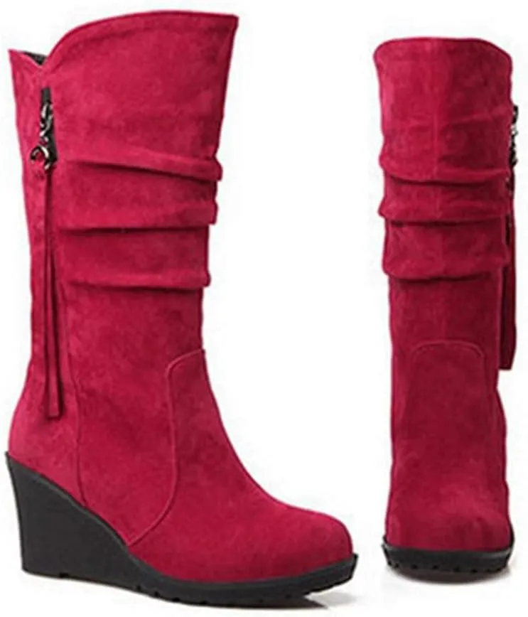 MIOKE Women's Wedge Slouch Mid Calf Boots Suede Round Toe Wide Width Platform High Heel Tassel Dress Boots