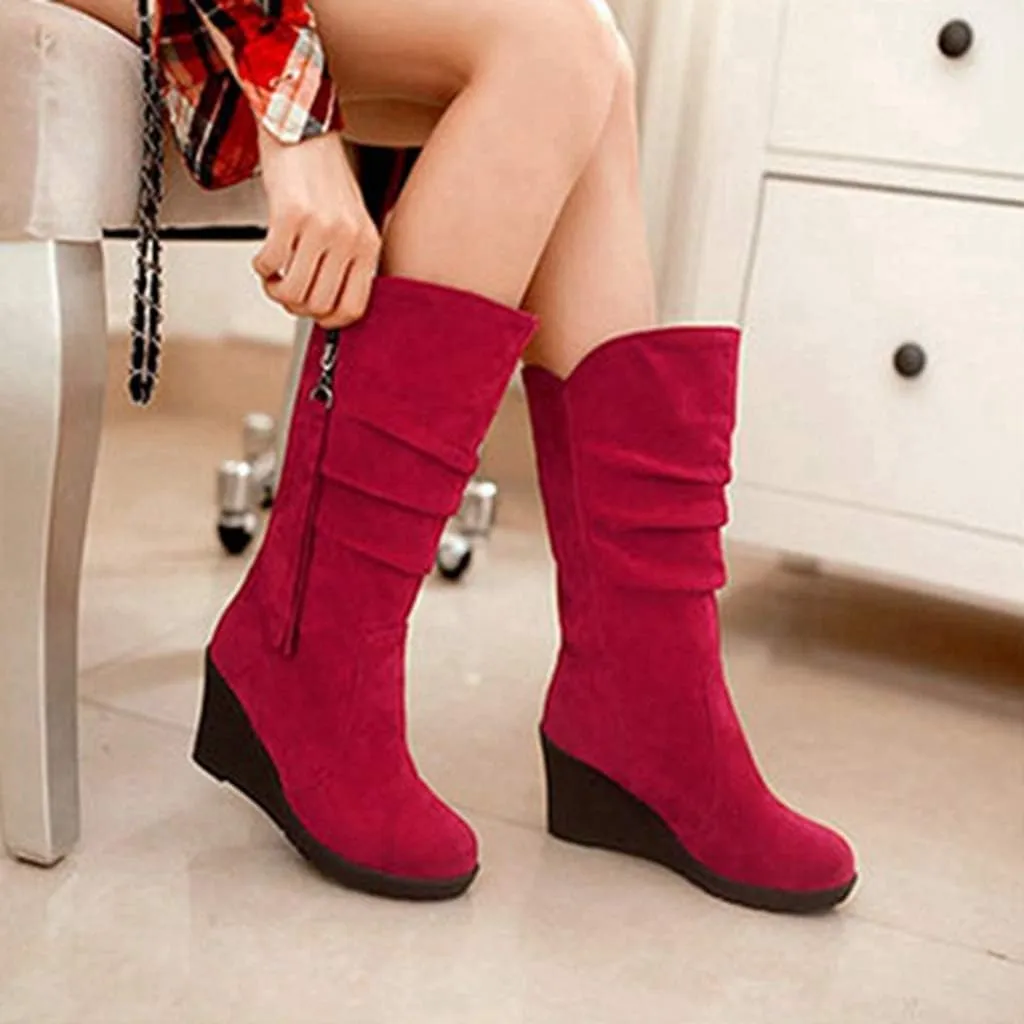 MIOKE Women's Wedge Slouch Mid Calf Boots Suede Round Toe Wide Width Platform High Heel Tassel Dress Boots