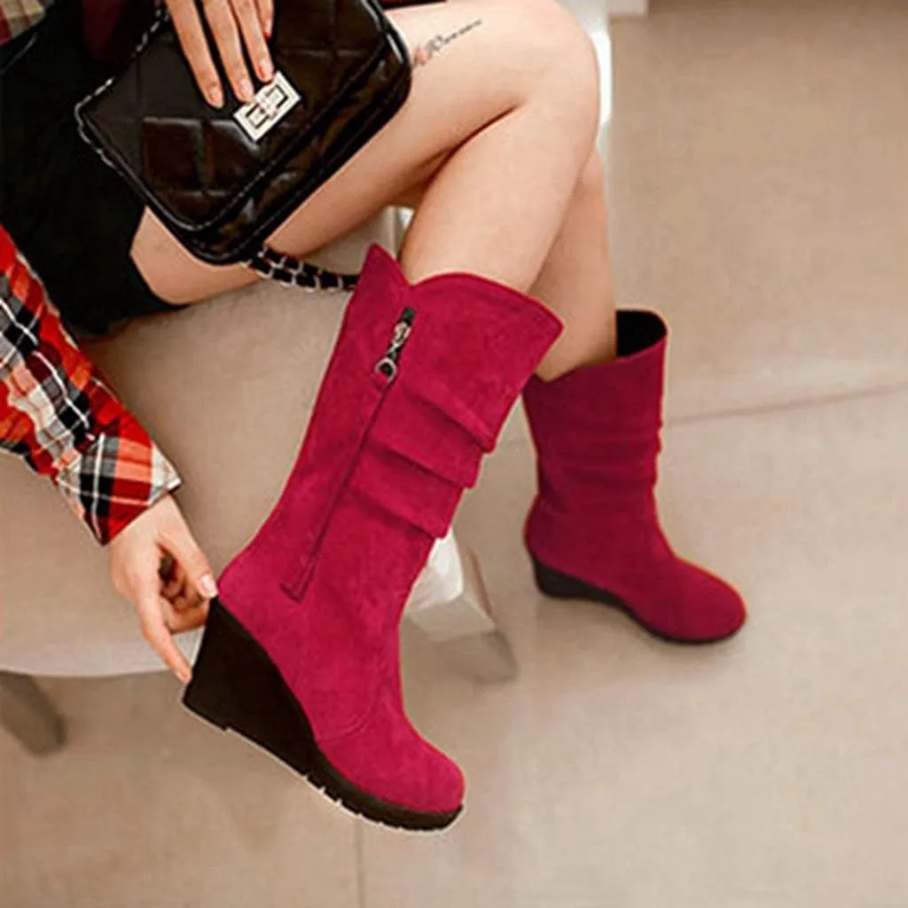 MIOKE Women's Wedge Slouch Mid Calf Boots Suede Round Toe Wide Width Platform High Heel Tassel Dress Boots