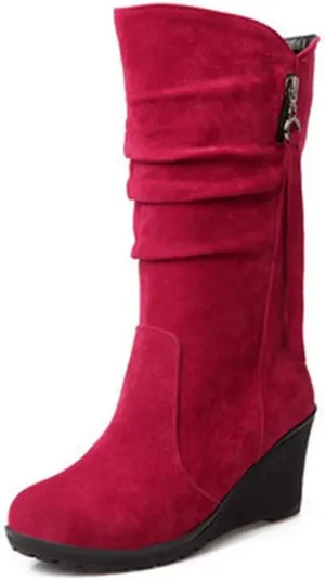 MIOKE Women's Wedge Slouch Mid Calf Boots Suede Round Toe Wide Width Platform High Heel Tassel Dress Boots