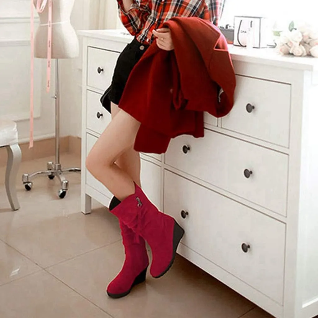 MIOKE Women's Wedge Slouch Mid Calf Boots Suede Round Toe Wide Width Platform High Heel Tassel Dress Boots