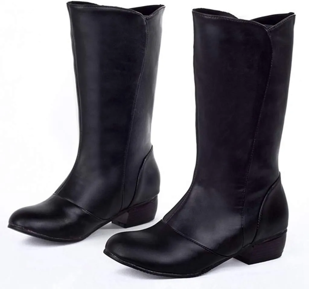 MIOKE Women's Winter Cowboy Mid Calf Boots Round Toe Slip-On Wide Width Comfy Stacked Low Heel Western Boots