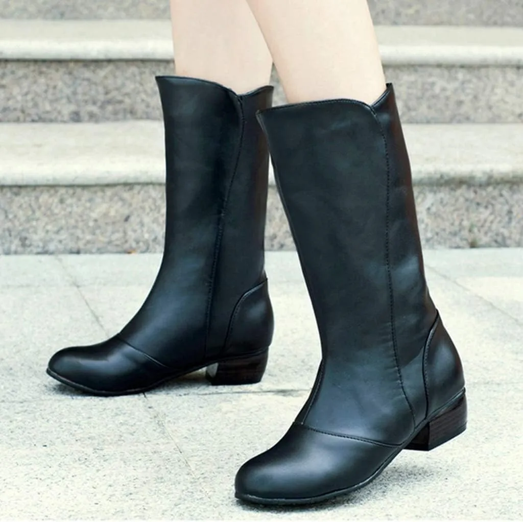 MIOKE Women's Winter Cowboy Mid Calf Boots Round Toe Slip-On Wide Width Comfy Stacked Low Heel Western Boots