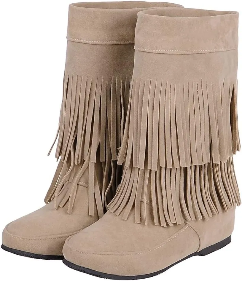 MIOKE Women's Winter Mid Calf Slouch Boots Round Toe Metallic Fur Warm Low Wedge Heel Wide Calf Dressy Boots