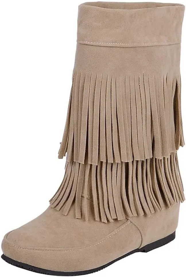 MIOKE Women's Winter Mid Calf Slouch Boots Round Toe Metallic Fur Warm Low Wedge Heel Wide Calf Dressy Boots