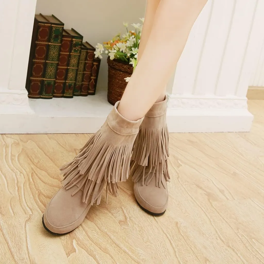 MIOKE Women's Winter Mid Calf Slouch Boots Round Toe Metallic Fur Warm Low Wedge Heel Wide Calf Dressy Boots