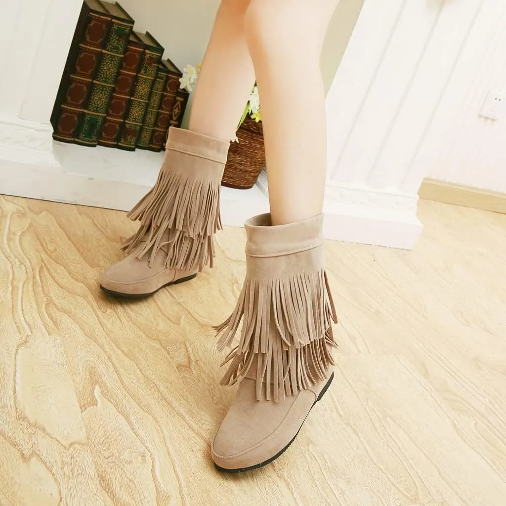 MIOKE Women's Winter Mid Calf Slouch Boots Round Toe Metallic Fur Warm Low Wedge Heel Wide Calf Dressy Boots