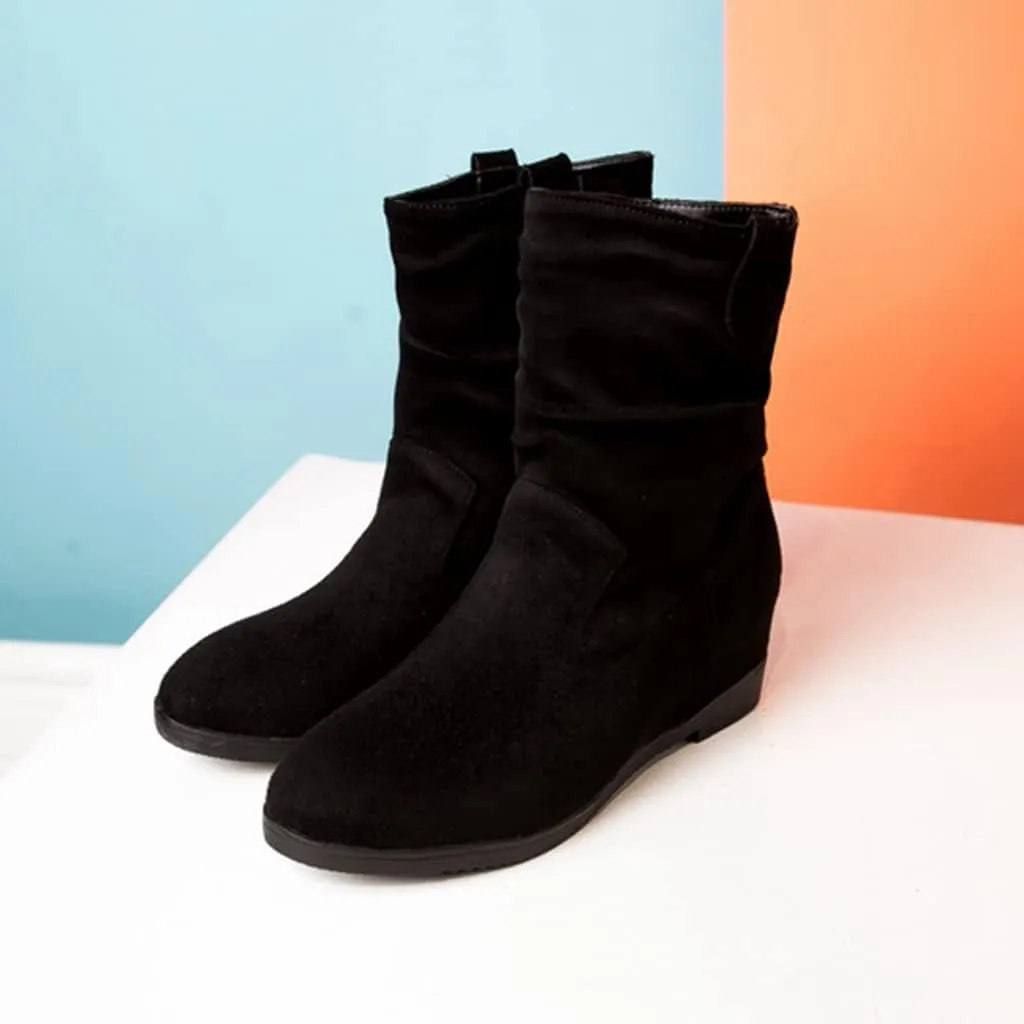 MIOKE Women's Winter Mid Calf Slouch Boots Round Toe Metallic Low Wedge Heel Fur Warm Wide Calf Dressy Boots
