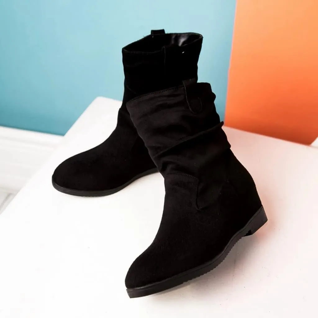 MIOKE Women's Winter Mid Calf Slouch Boots Round Toe Metallic Low Wedge Heel Fur Warm Wide Calf Dressy Boots