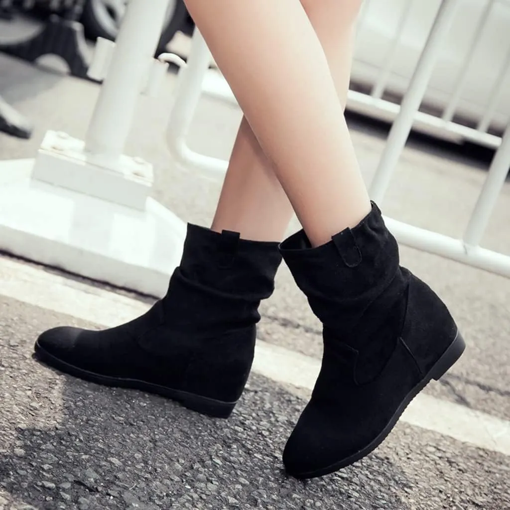 MIOKE Women's Winter Mid Calf Slouch Boots Round Toe Metallic Low Wedge Heel Fur Warm Wide Calf Dressy Boots