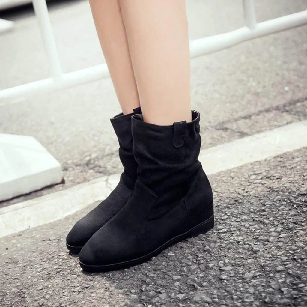 MIOKE Women's Winter Mid Calf Slouch Boots Round Toe Metallic Low Wedge Heel Fur Warm Wide Calf Dressy Boots