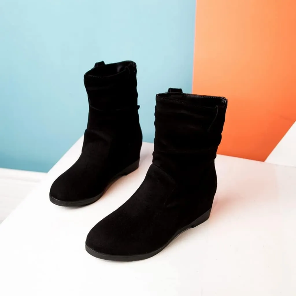 MIOKE Women's Winter Mid Calf Slouch Boots Round Toe Metallic Low Wedge Heel Fur Warm Wide Calf Dressy Boots