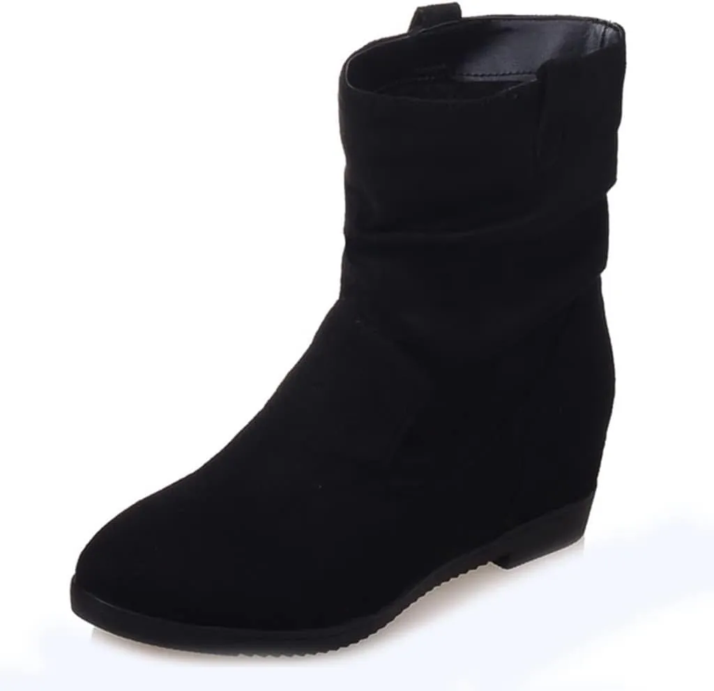 MIOKE Women's Winter Mid Calf Slouch Boots Round Toe Metallic Low Wedge Heel Fur Warm Wide Calf Dressy Boots