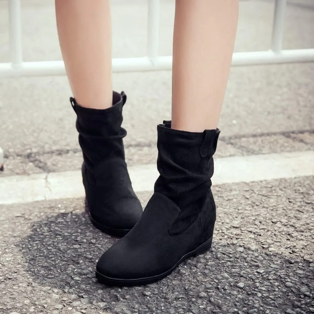 MIOKE Women's Winter Mid Calf Slouch Boots Round Toe Metallic Low Wedge Heel Fur Warm Wide Calf Dressy Boots