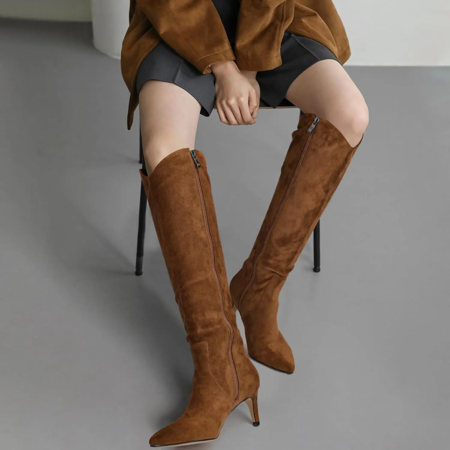 MIRAAZZURRA Kitten Heel Knee High Boots for Women Pointed Toe Low Heel Tall Boots Winter Fall Boots with Side Zipper for Office Casual