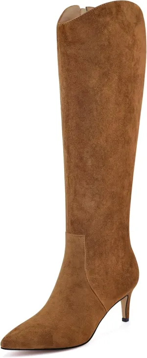 MIRAAZZURRA Kitten Heel Knee High Boots for Women Pointed Toe Low Heel Tall Boots Winter Fall Boots with Side Zipper for Office Casual
