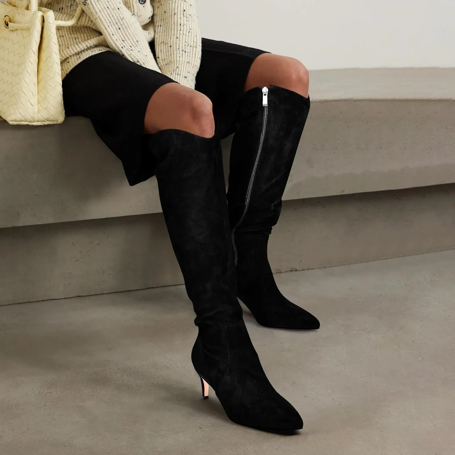 MIRAAZZURRA Kitten Heel Knee High Boots for Women Pointed Toe Low Heel Tall Boots Winter Fall Boots with Side Zipper for Office Casual