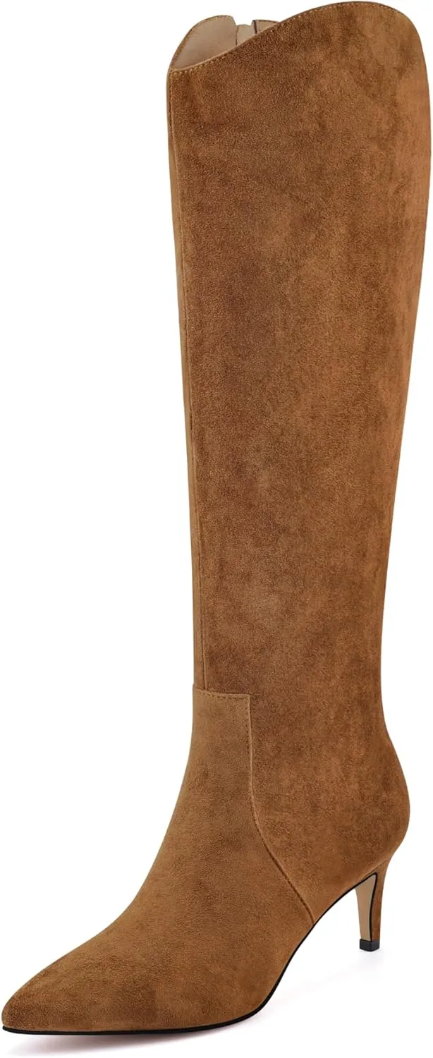 MIRAAZZURRA Kitten Heel Knee High Boots for Women Pointed Toe Low Heel Tall Boots Winter Fall Boots with Side Zipper for Office Casual