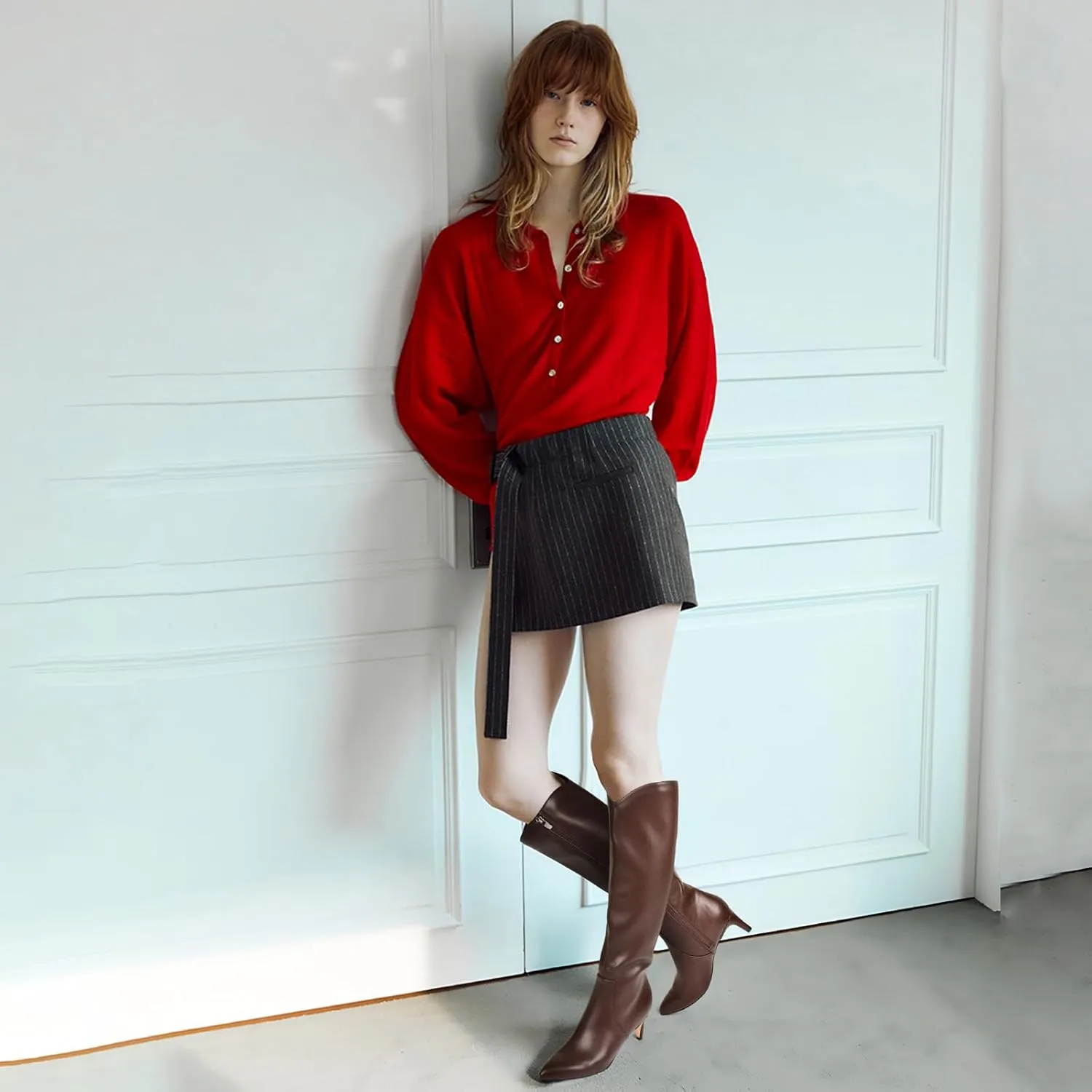 MIRAAZZURRA Kitten Heel Knee High Boots for Women Pointed Toe Low Heel Tall Boots Winter Fall Boots with Side Zipper for Office Casual