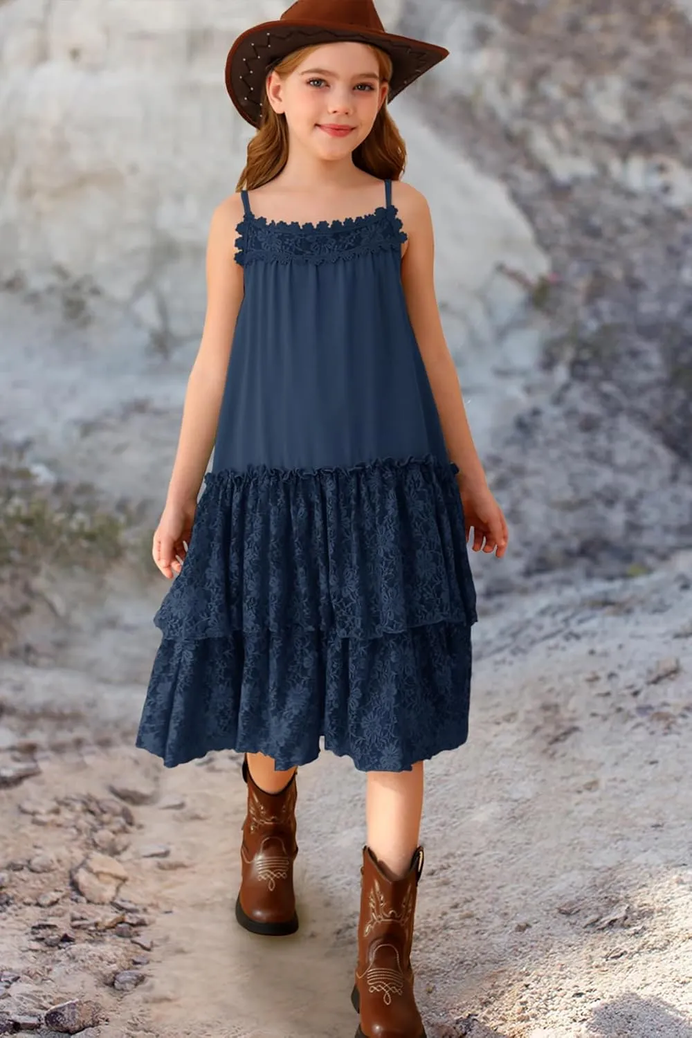 MITILLY Girls Boho Lace Backless Square Neck Sleeveless A Line Ruffle Tiered Flowy Long Party Dress