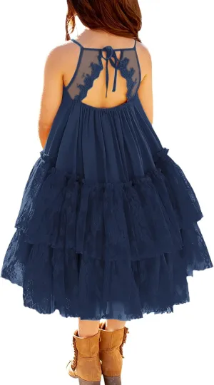 MITILLY Girls Boho Lace Backless Square Neck Sleeveless A Line Ruffle Tiered Flowy Long Party Dress