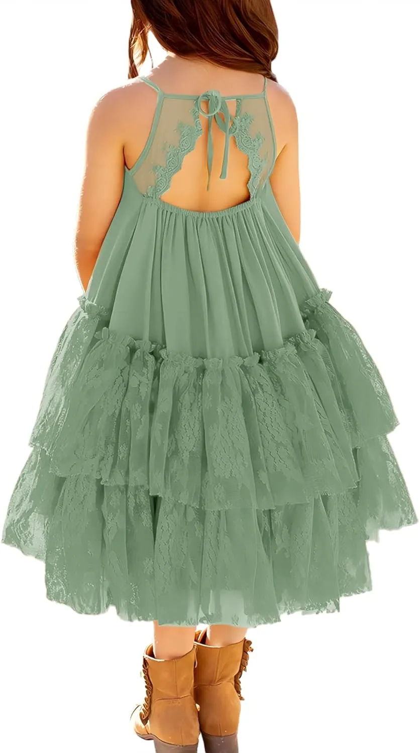 MITILLY Girls Boho Lace Backless Square Neck Sleeveless A Line Ruffle Tiered Flowy Long Party Dress