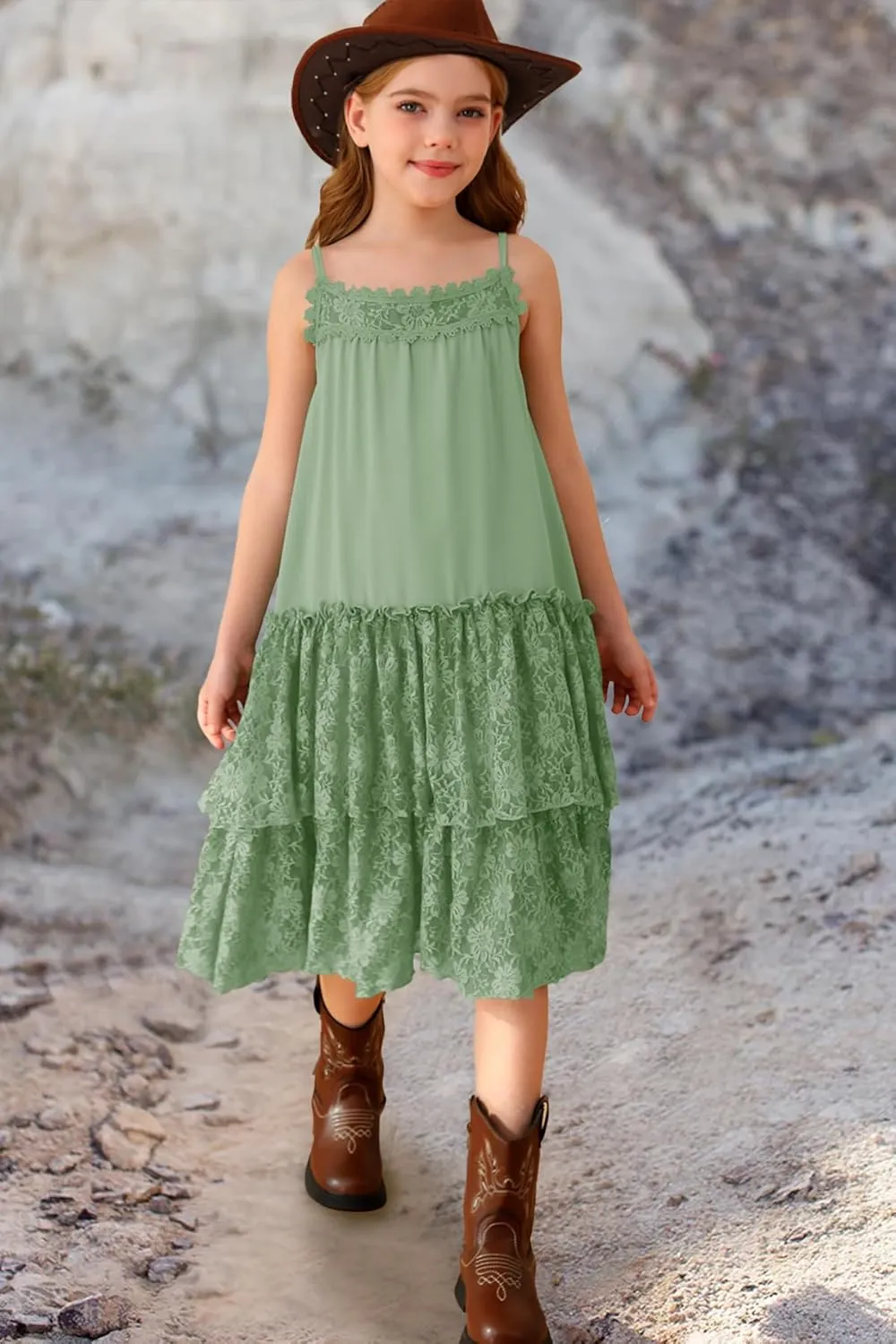 MITILLY Girls Boho Lace Backless Square Neck Sleeveless A Line Ruffle Tiered Flowy Long Party Dress