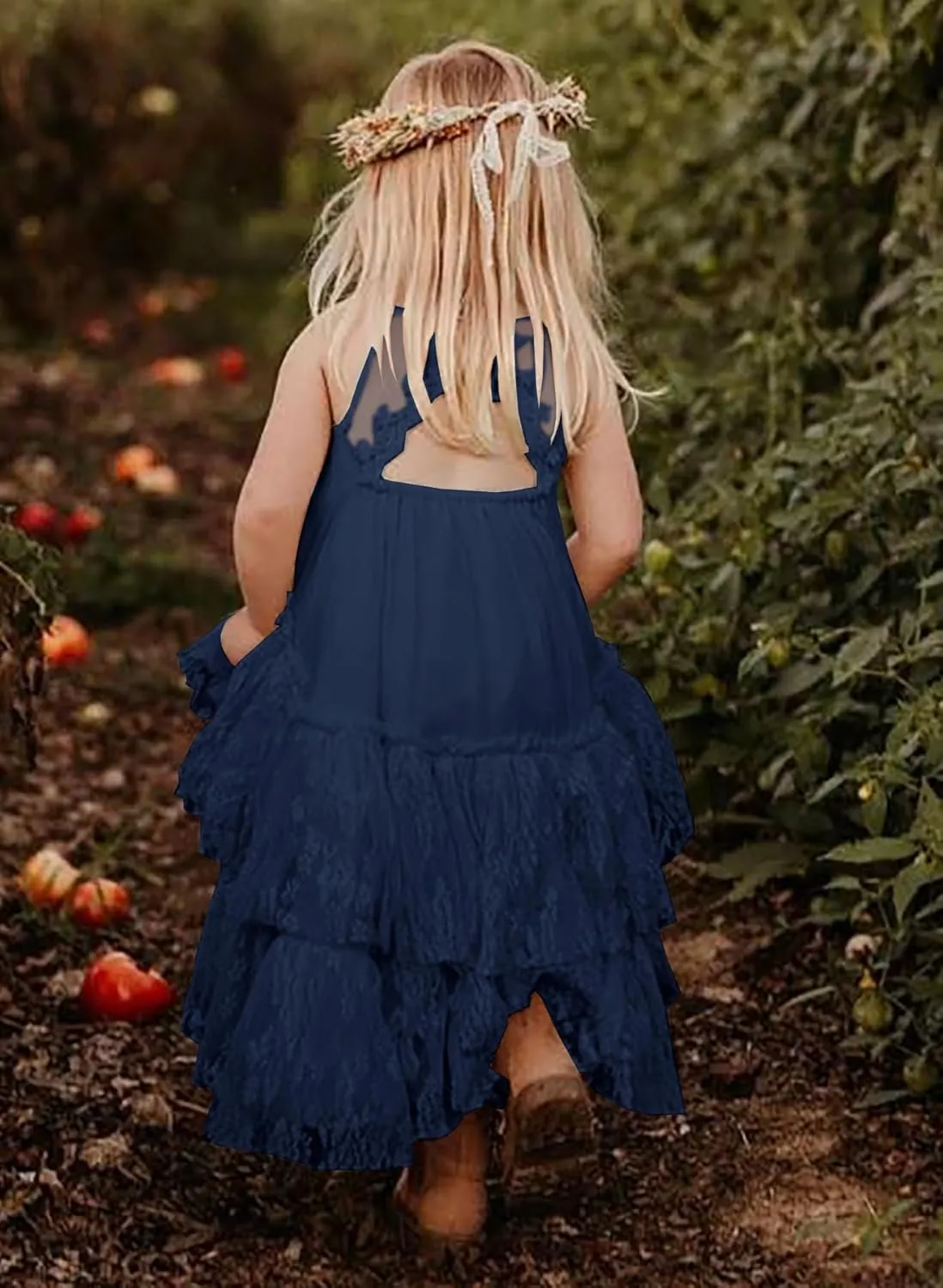MITILLY Girls Boho Lace Backless Square Neck Sleeveless A Line Ruffle Tiered Flowy Long Party Dress
