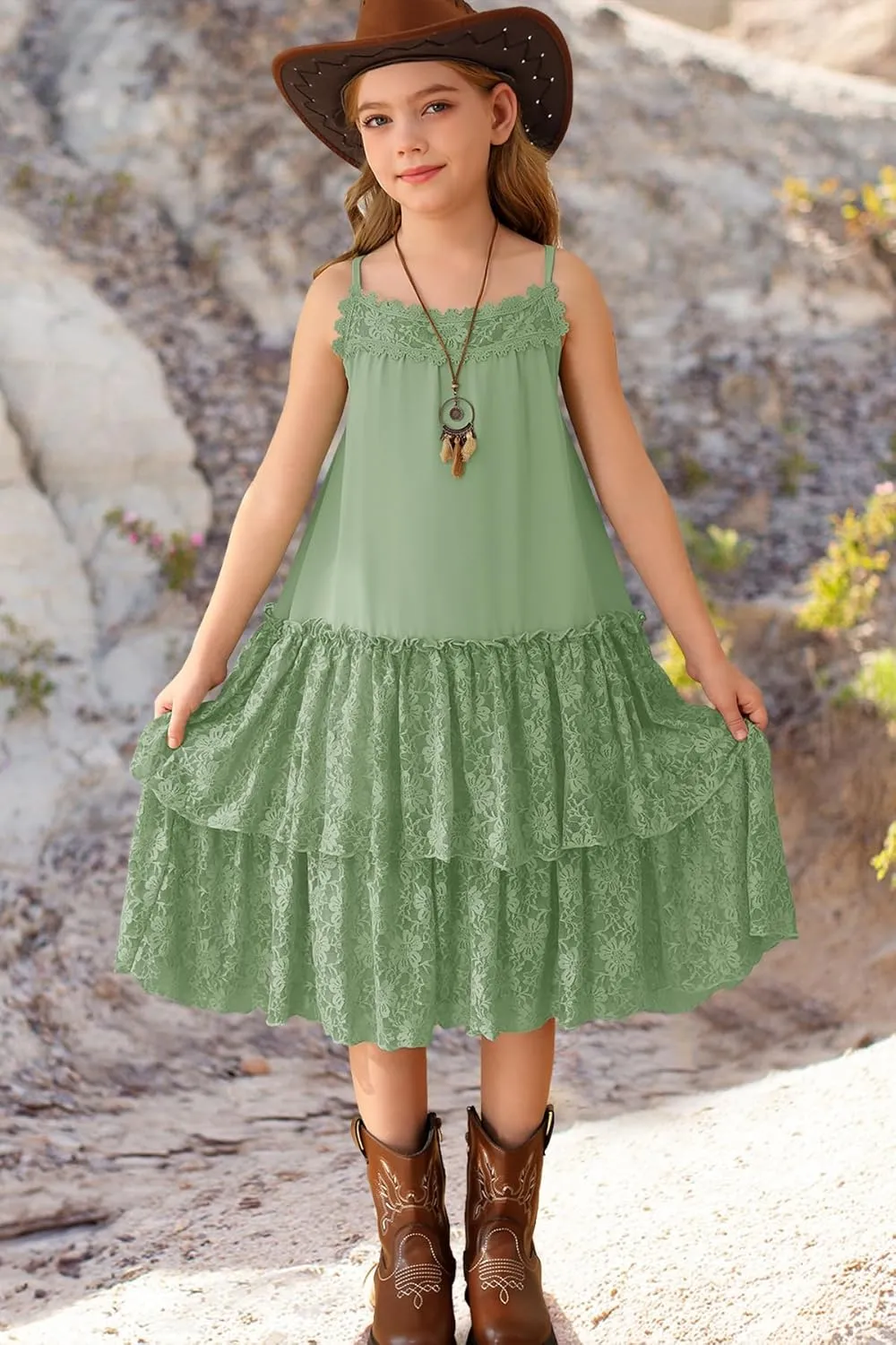 MITILLY Girls Boho Lace Backless Square Neck Sleeveless A Line Ruffle Tiered Flowy Long Party Dress