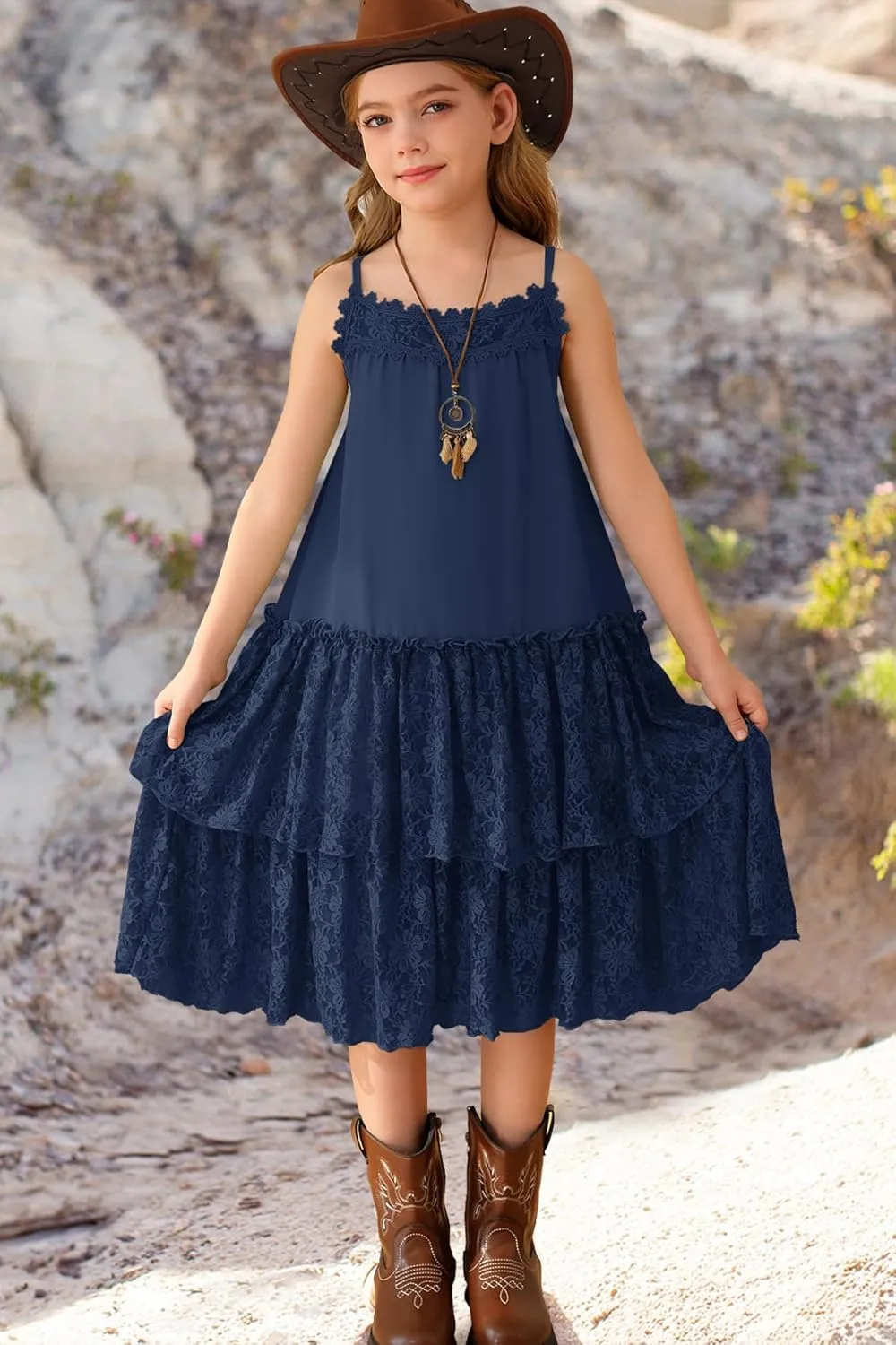MITILLY Girls Boho Lace Backless Square Neck Sleeveless A Line Ruffle Tiered Flowy Long Party Dress