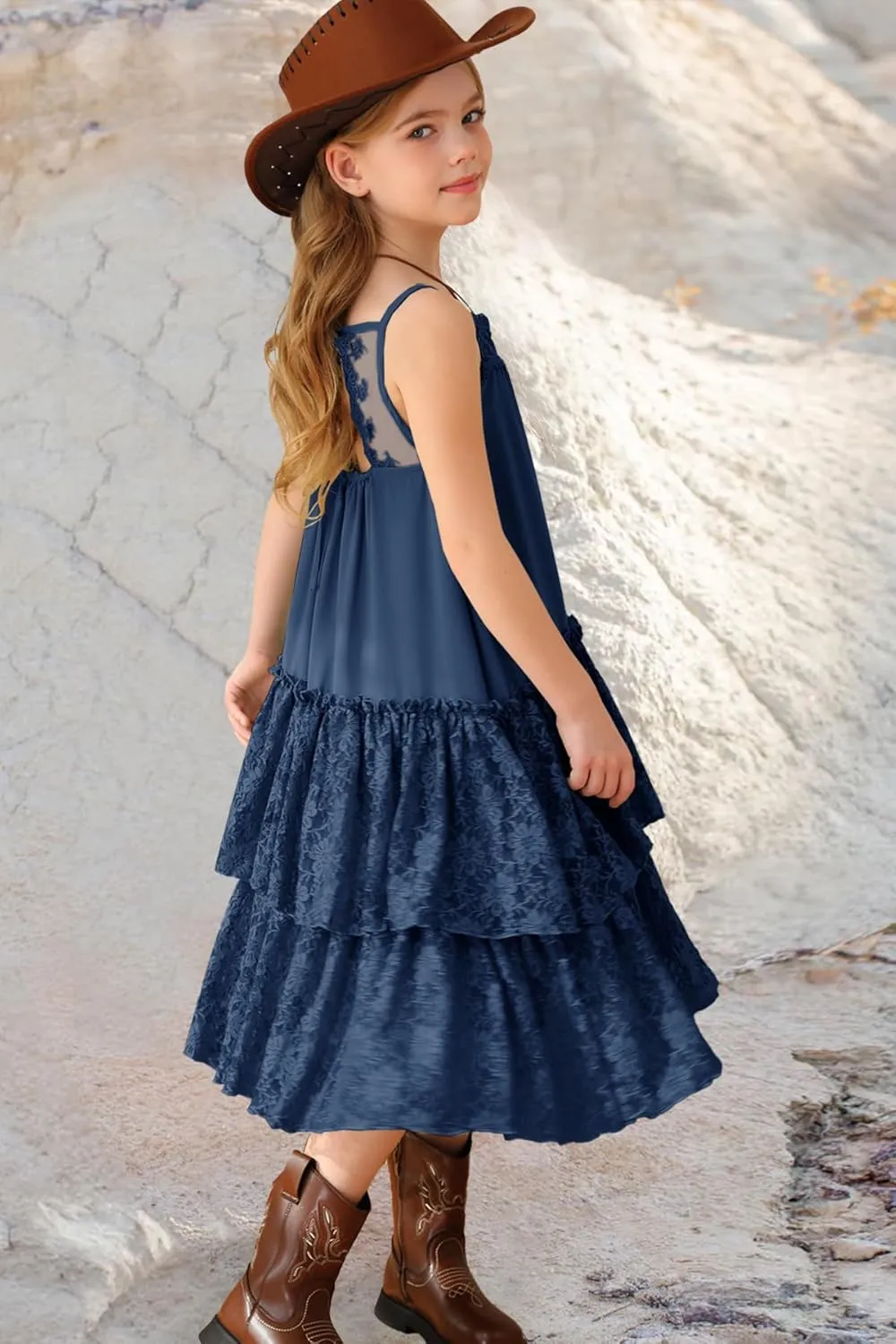 MITILLY Girls Boho Lace Backless Square Neck Sleeveless A Line Ruffle Tiered Flowy Long Party Dress