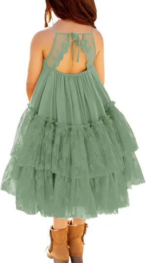 MITILLY Girls Boho Lace Backless Square Neck Sleeveless A Line Ruffle Tiered Flowy Long Party Dress