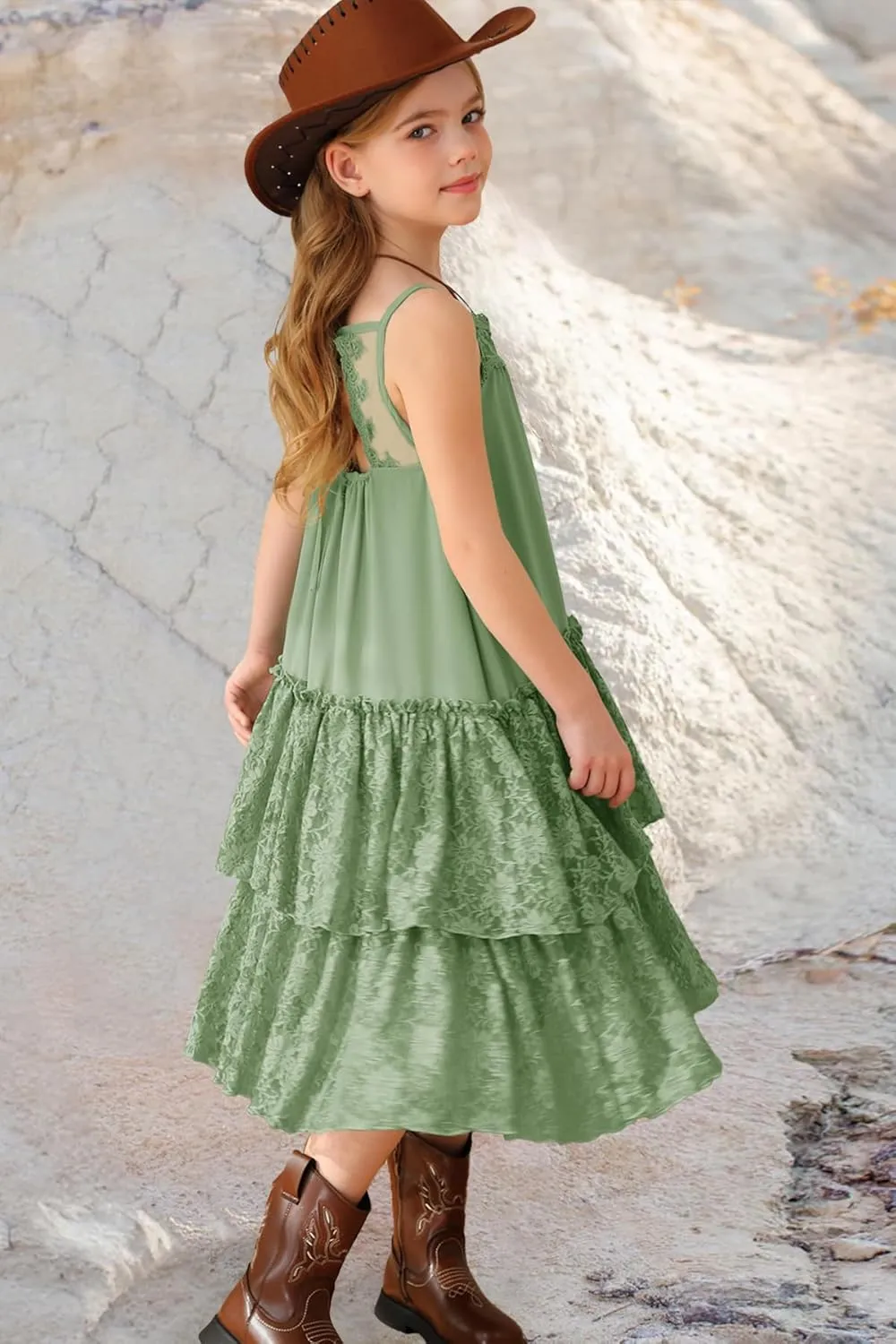 MITILLY Girls Boho Lace Backless Square Neck Sleeveless A Line Ruffle Tiered Flowy Long Party Dress