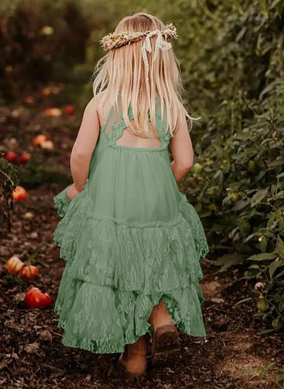 MITILLY Girls Boho Lace Backless Square Neck Sleeveless A Line Ruffle Tiered Flowy Long Party Dress